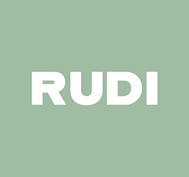 White "RUDI" lettering on a solid light green background
