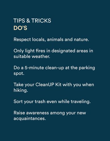 Graphic with do’s for sustainable travel: respect nature, make fires only in permitted areas, collect and sort your waste
