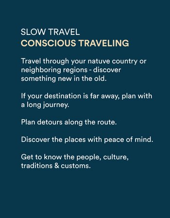 Graphic with text about slow travel and mindful travel on a dark blue background