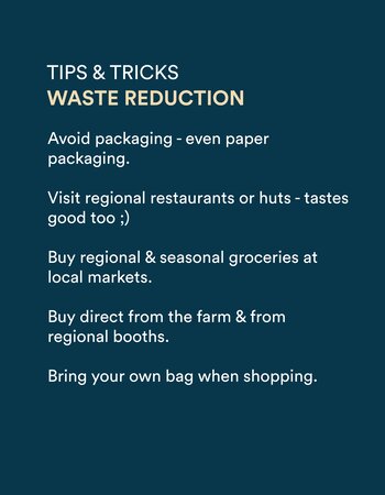 Infographic with tips for reducing waste: avoid packaging, eat regional, shop locally, and bring your own bag