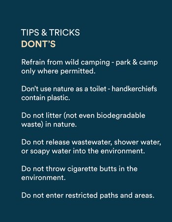 Infographic with camping etiquette for nature trips: no wild camping, no littering, and no wastewater disposal in nature