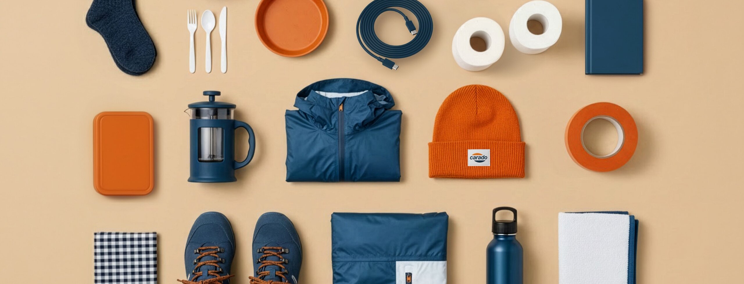 Camping gear laid out flat with a cooking set, jacket, hat, shoes and accessories on a light background