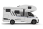 Autocaravana Carado con alcoba, vista lateral con puerta de acceso, ventanas y trampilla de almacenamiento