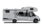 Carado motorhome with overcab, side view in white with entry door and side windows