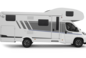 Autocaravana Carado, vista lateral de un modelo capuchino en blanco con puerta, ventanas y diseño gráfico gris