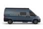 Furgoneta camper Carado azul en vista lateral con puerta corredera, ventana lateral y toldo