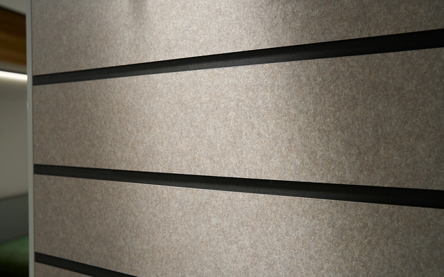Light felt-look decor combined with black stripes transform the door into a design object. Three of these stripes function as practical multifunctional rails that can be variably equipped.