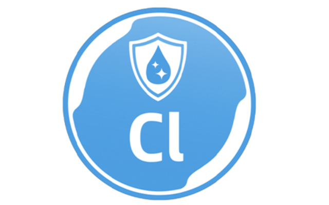 Blue and white symbol with drops and writing stands for the removal of chlorine and odours by the HYMER clearliQ travel water filter in the motorhome.