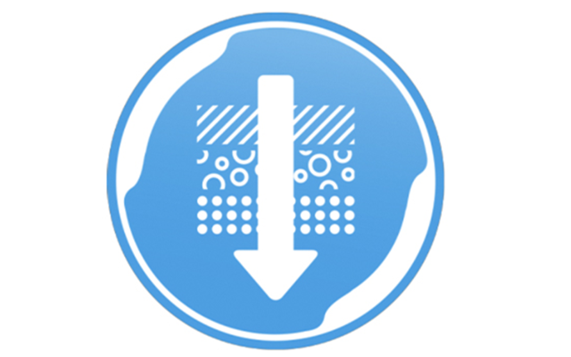 Blue and white filter symbol with arrow stands for the removal of dirt and particles by the HYMER clearliQ travel water filter for motorhomes.