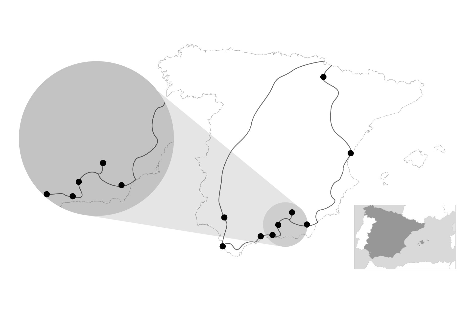 Travel sketch, showing a travel route in Norway with spots and connecting lines