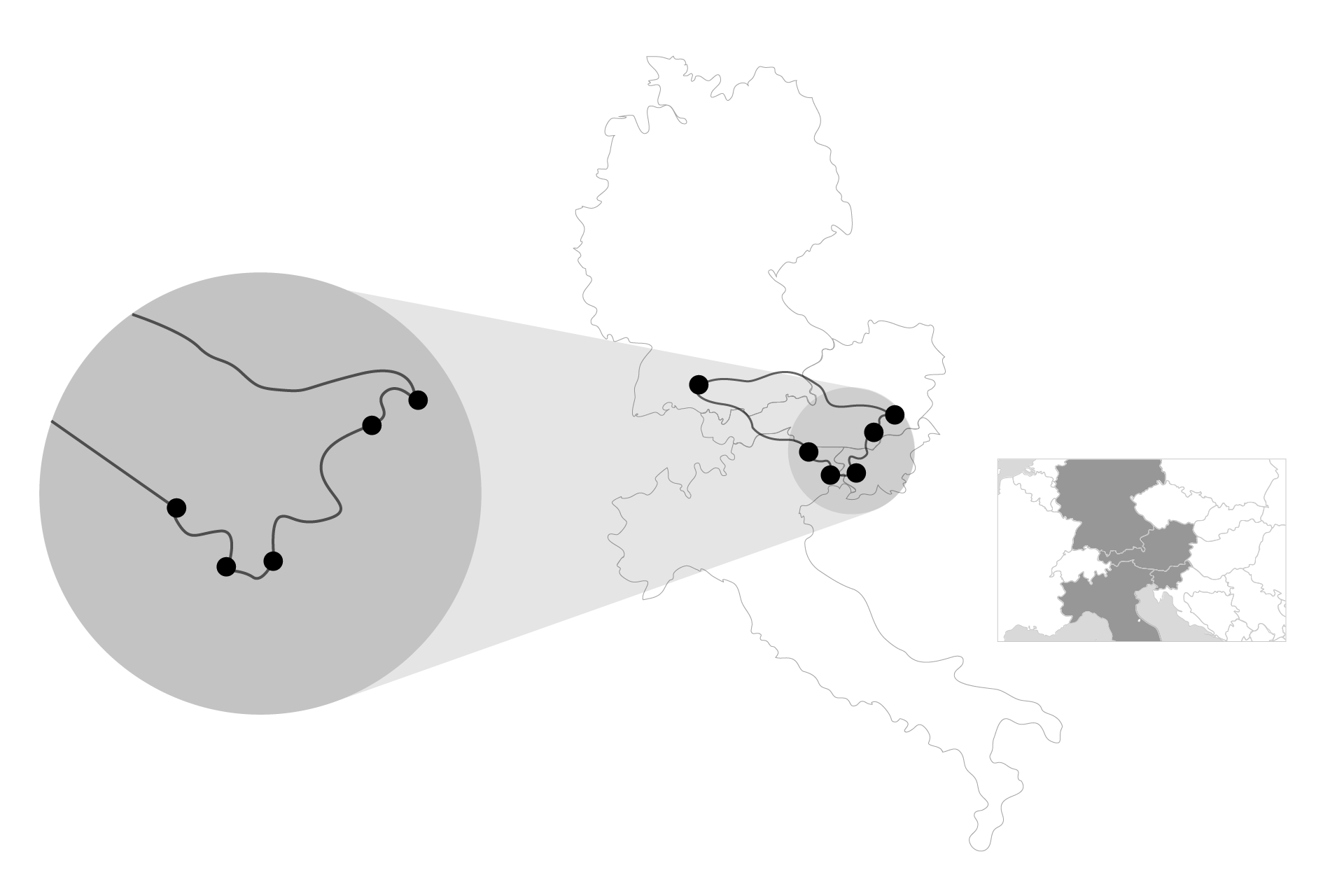 Travel sketch, showing a travel route in Norway with spots and connecting lines