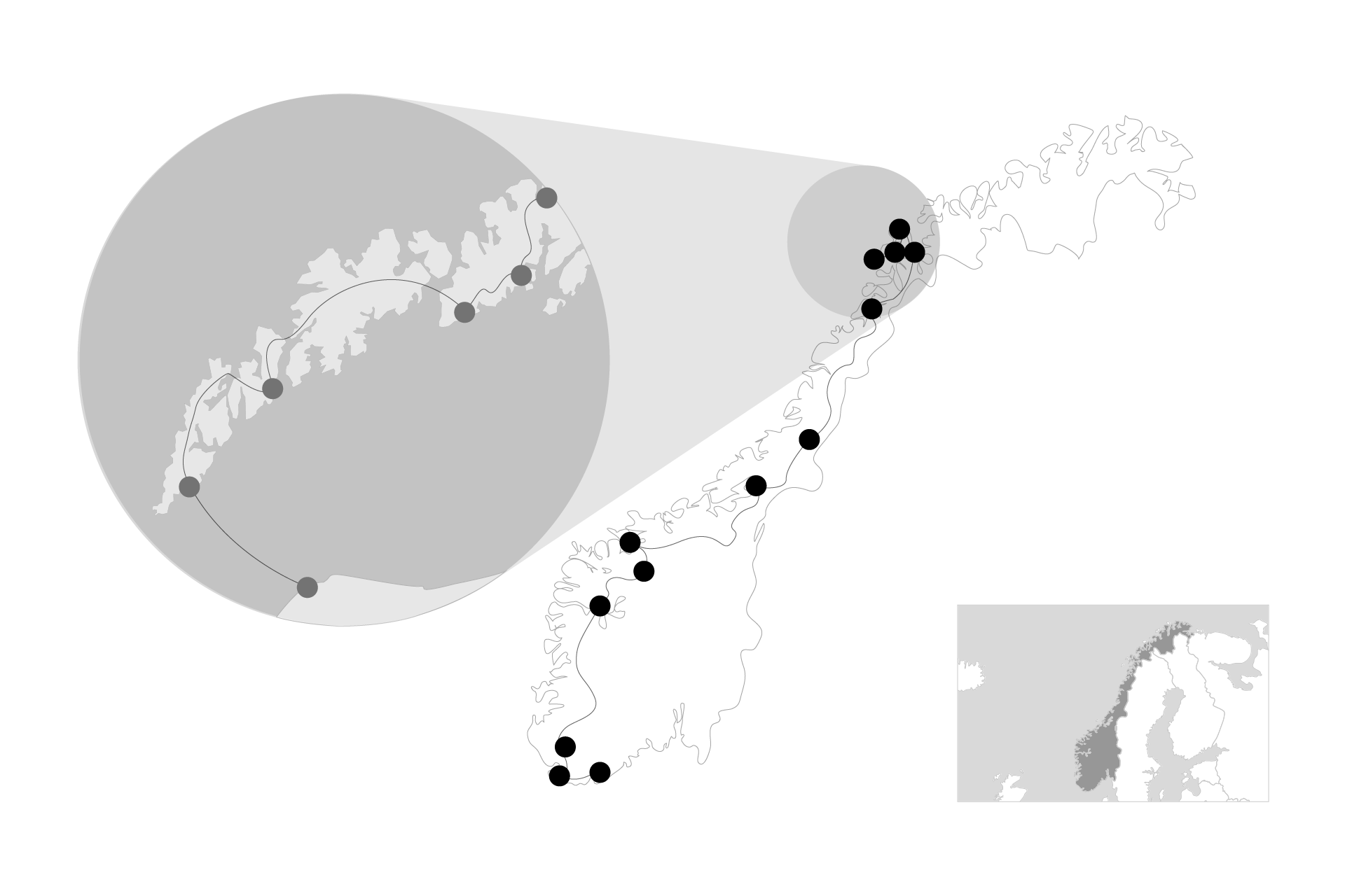 Travel sketch, showing a travel route in Norway with spots and connecting lines